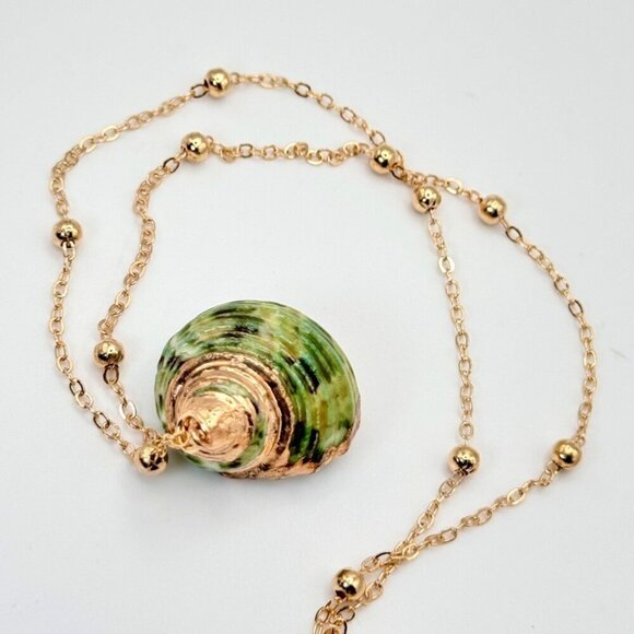 New Real Seashell Pendant Necklace 14K Gold Plated Statement Beaded Chain - Picture 6 of 10